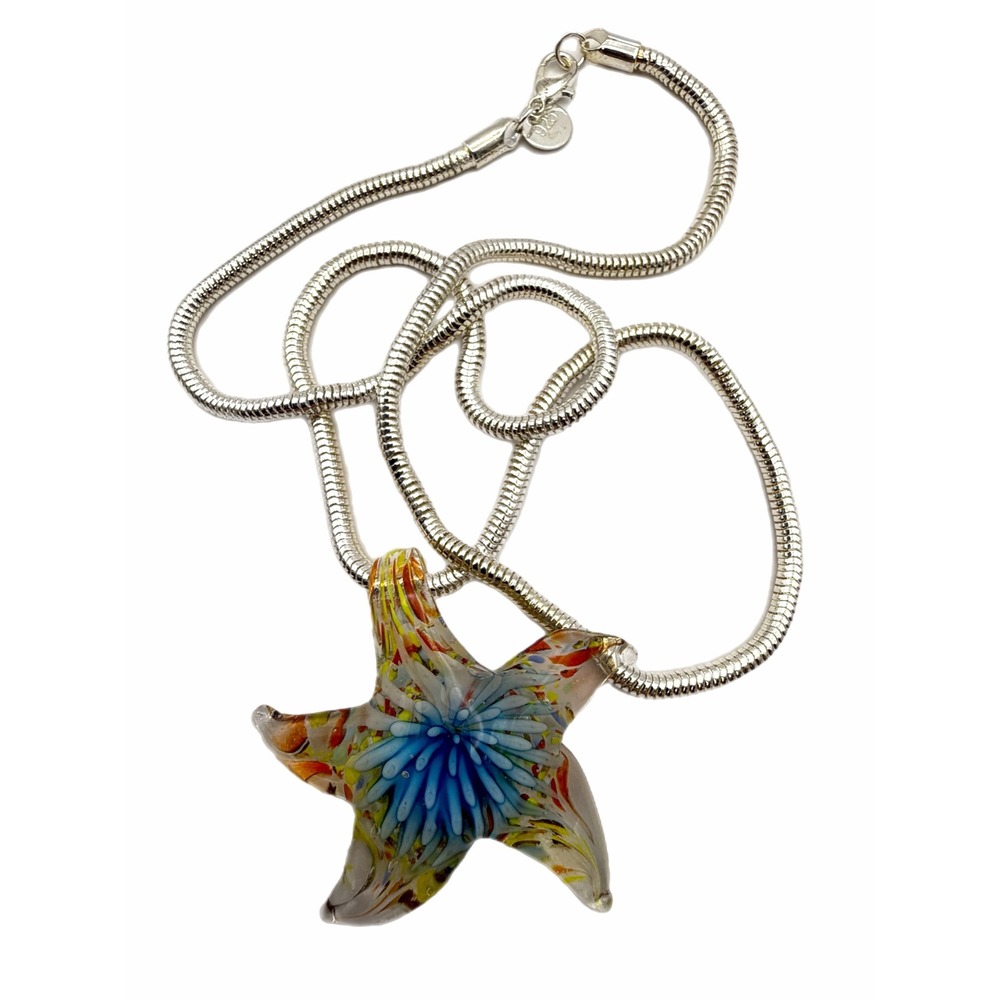 Art Glass Starfish Pendant Necklace Silver Tone Snake Chain Blue Millefiori